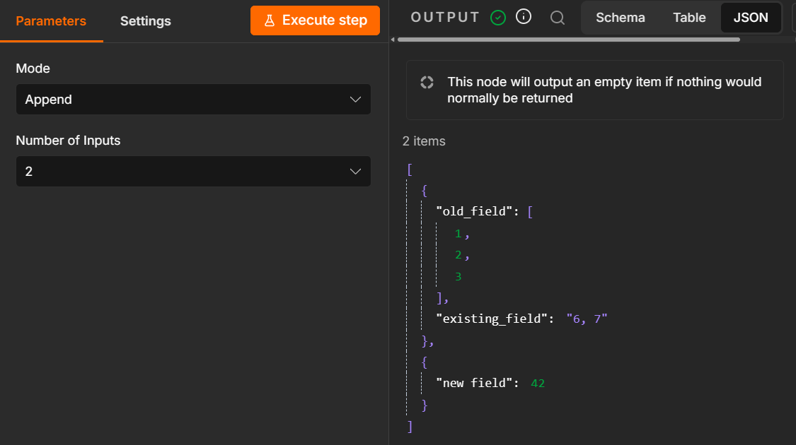 n8n Merge configured to append two inputs, with its output preview. Author's screenshot.